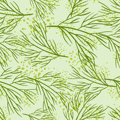 Seamless pattern with abstract random green contoured tree branches. Grey background with splashes.