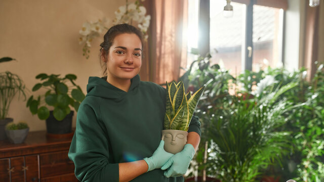 Smiling Young Woman Wearing Gloves Looking At Camera And Holding A Potted Plant