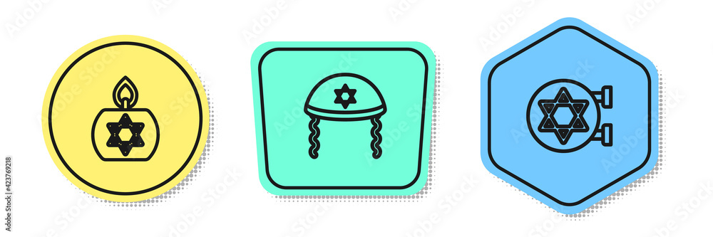 Wall mural set line burning candle, jewish kippah and synagogue. colored shapes. vector