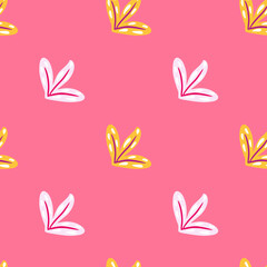 Minimalistic style seamless pattern with doodle yellow and white abstract leaf print. Pink pastel background.