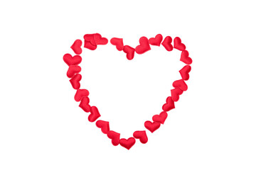 Lots of red heart shaped hearts with copy space on white isolated background. Valentine's day mockup, wedding, birthday. Postcard for the holiday. Flat lay, top view, copy space for text