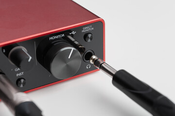 Fototapeta premium Close up modern Audio Interface With Cables Plugged in