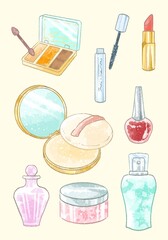 Naklejka premium 優しいタッチの化粧品セットのイラスト
