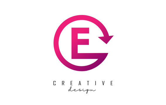 Pink E letter logo design with circle frame and arrow.