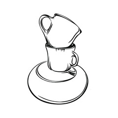 Two cups with saucer. Lineart style.  Black and white picture. For banner, menu, shop, bar, notebook. 