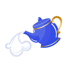 Blue porcelain teapot with steam. Decorated with golden detailes. Alice in Wonderland inspired.