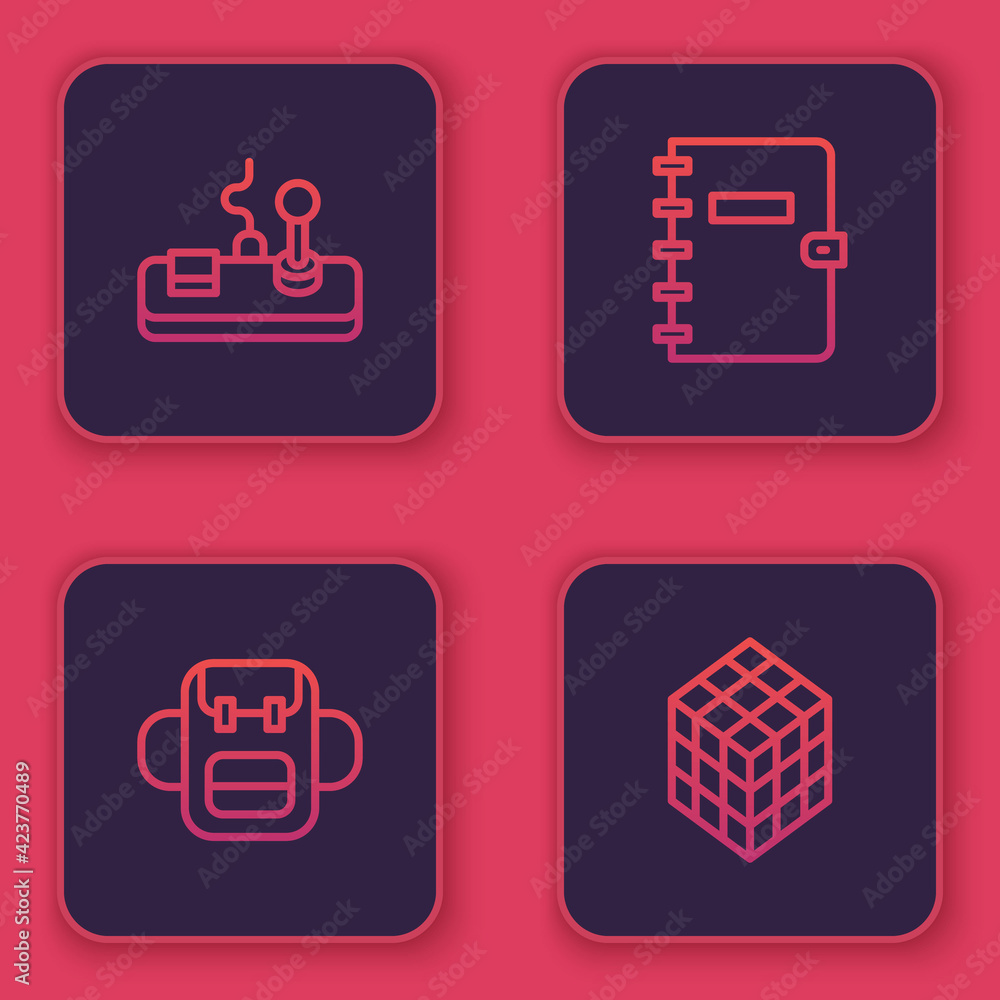 Poster set line gamepad, school backpack, spiral notebook and rubik cube. blue square button. vector