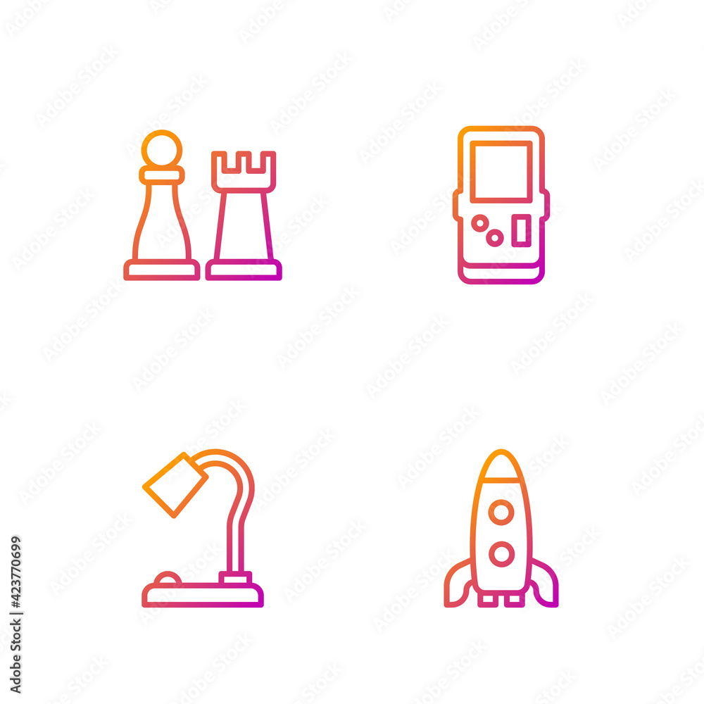 Poster set line rocket ship, table lamp, chess and tetris. gradient color icons. vector