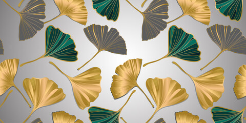 Vector banner of ginkgo biloba leaf. ink line art design. Seamless Pattern.