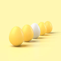 3d simple yellow easter eggs and one white egg on pastel background 3d illustration. Easter holiday.