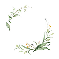 Watercolor vector wreath of green branches and leaves.