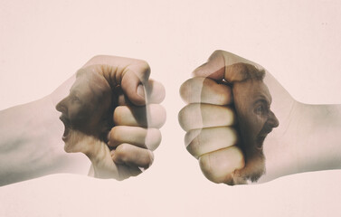 Multiple exposure with man and woman silhouette and clash of their fists. Concept of confronting.
