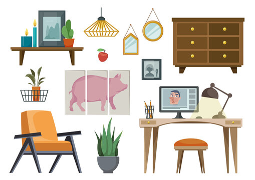 Set of furniture in the Scandinavian fashion. Items for the blogger s office. Vector illustration in cartoon flat style.
