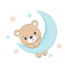 Cute baby bear with moon and stars. Vector illustration.
