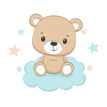 Naklejka Cute baby bear with cloud and stars. Vector illustration.