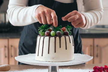 Delicious homemade chocolate cake with fruits