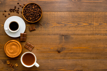 Coffee chocolate and cocoa set - beans with powder and hot drink, top view