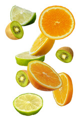 Falling fresh mixed citruses. Slices of the lemon, kiwi, cherry and orange the air. Flying fruits concept isolated on the white background
