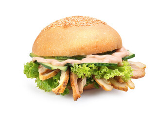 hamburger with chicken and salad on a white background