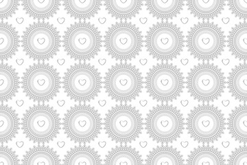 White mandala with heart on black background. Lace imitation seamless pattern. Stock illustration for web, print, textile, wrapping paper and wallpaper.