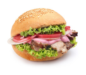 hamburger with meat and salad on a white background