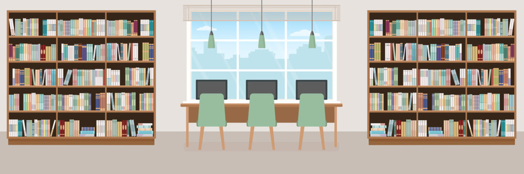 Empty library. Modern interior with bookcases, table, chairs and computers. Vector illustration.