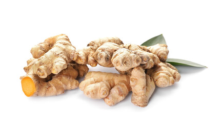 Turmeric roots on white background