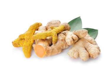 Turmeric roots on white background