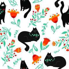 Ethnic pattern with hand drawn cats. Vector illustration for surface textile. Black animal pet and orange flower. Design wrapping paper, wallpaper, textile.