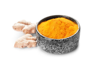 Bowl with turmeric powder and roots on white background