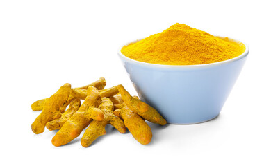 Bowl with turmeric powder and roots on white background