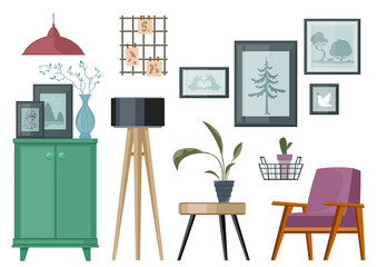 Set of furniture in the Scandinavian fashion clip art. Items for the living room. Vector illustration in cartoon style.