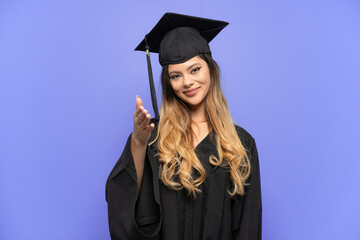 Young university graduate Russian girl isolated on white background shaking hands for closing a good deal