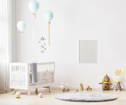 Blank poster frame mock up on white wall in nursery room interior background with baby bedding, soft toys, balloons, 3d rendering