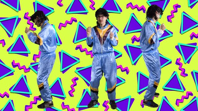 Funny 80s 90s retro man dancing with a Memphis design background animation.