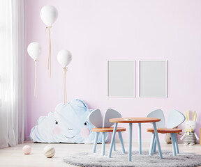 frames mock up in children room interior in light pink tones with kids table and chairs, soft toys and balloons, 3d rendering