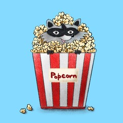 Playful raccoon is hiding in popcorn. This illustration can be used for party invitations, stickers, postcards