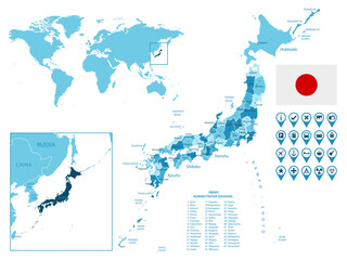 Japan detailed administrative blue map with country flag and location on the world map. Vector illustration