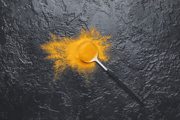 Spoon with turmeric powder on dark background