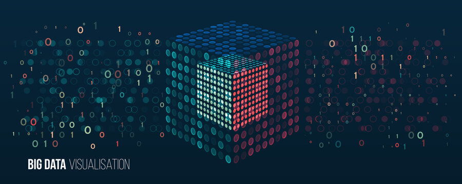Filtering machine algorithms. Cube Big data visualization. Information analytics concept. Sorting data. Vector technology background. Abstract stream information with squares array and binary code.