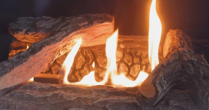 Gas fire place heating a living room in slow motion. 