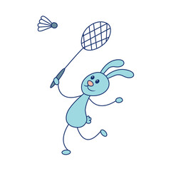 Cute rabbit playing badminton. Vector sport doodle illustration. Racket and shuttlecock equipment. Badminton club and competition poster. Isolated on white background.