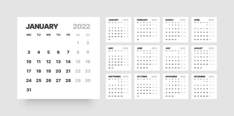 Monthly calendar for 2022 year. Week Starts on Monday.
