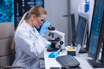 Professional female scientist is working on a vaccine in a scientific research laboratory. Genetic engineer workplace. Technology and science concept.