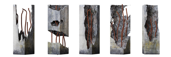 set of damaged concrete pillars isolated on white background