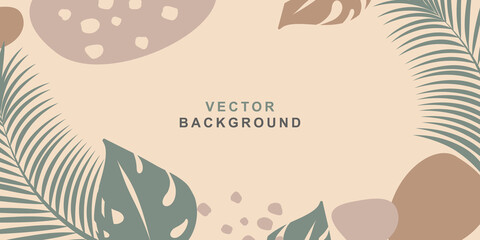 Vector horizontal template in simple trendy flat style with place for text. Background, frame with tropical leaves for greeting cards, posters, banners and wallpapers from social media stories.