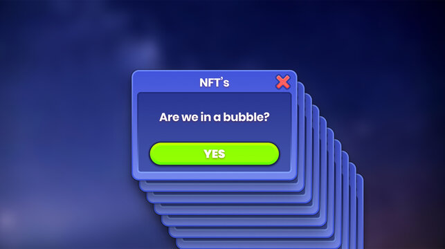 NFT popup warning about a potential bubble on the NFT market. Blue popup with warning button. Gaming style interface interaction.