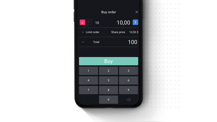 Retail investor trading on the smartphone. Stock market, futures, crypto, and foreign exchange trading.  Non-professional investors buy and sell securities through a mobile trading app.