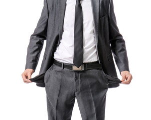 Businessman with empty pockets on white background. Bankruptcy concept