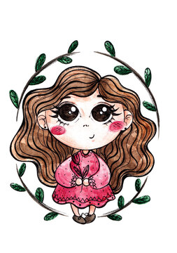 watercolor illustration of a cute girl with big eyes in a pink dress. strong character. children's book illustration. logo for baby products. hand drawing on white background for printing